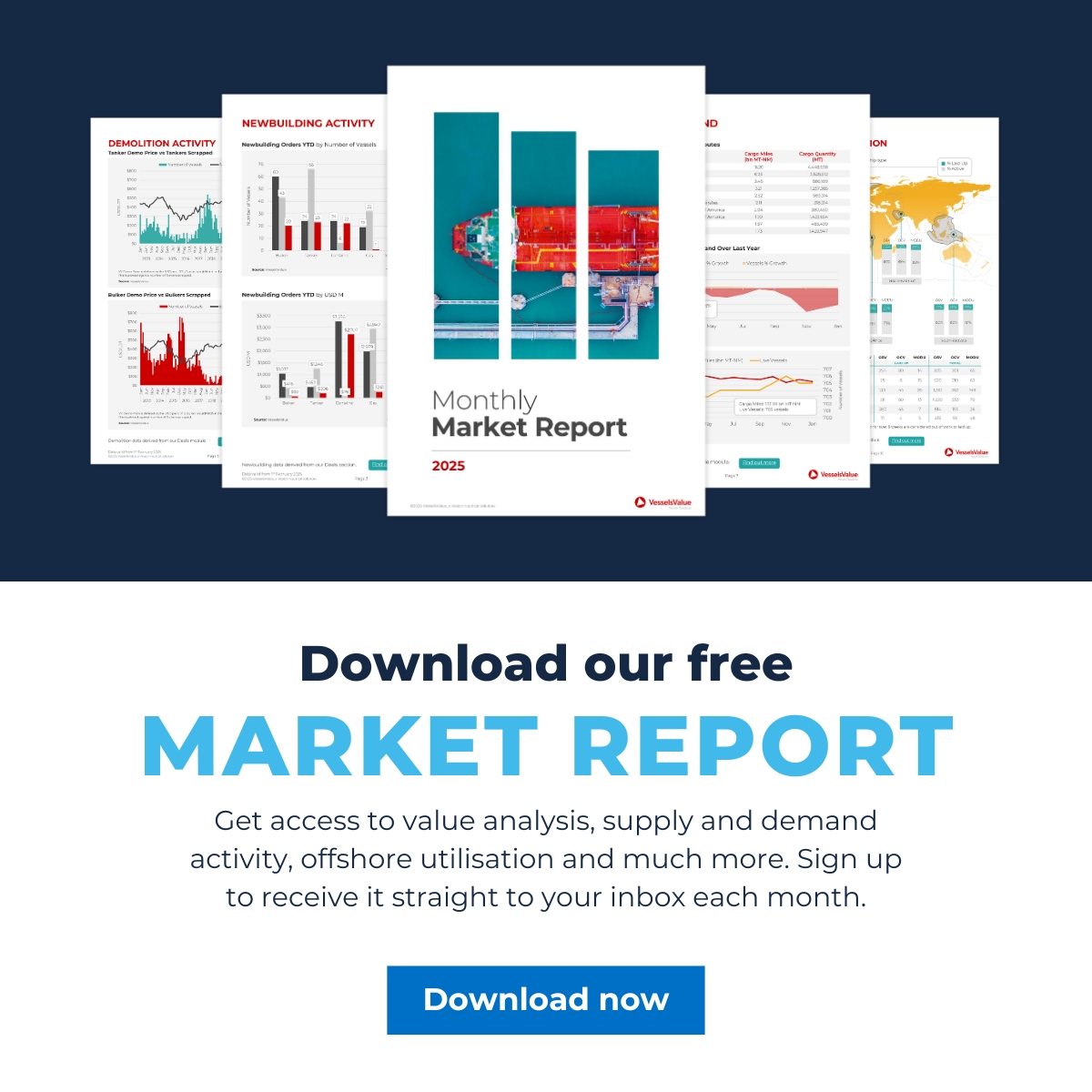 Our free February 2025 Market Report is now available!
This report provides an overview of vessel values, supply and demand, demolition activity and more.
Download the full report here: hubs.ly/Q039f9Dk0
#shipping #data #container #tanker #lng #bulker #VesselsValue