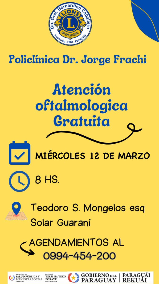 El miércoles 12 de marzo hay atención Oftalmológica gratis, en el Club de Leones Bernardino Caballero. Les esperamos. #NosotrosServimos
#WeServer