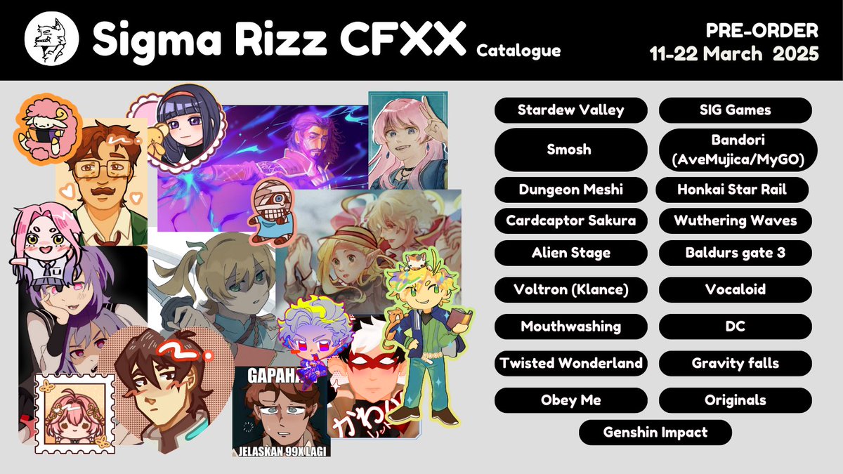 palveion's tweet photo. [❤&amp;🔁 are appreciated!]
🔥Sigma Rizz #CFXX Pre-Order

🌟 PO Period 11-22 March 
📍 Pick Up Day 1 (24 May)
📷 Fandom in the listed threads!
✨ https://t.co/m8ExwDN8Cn

#comifuro20 #cf20 #cfxx #cfxxcatalog #cf20catalog #cfxxcatalogue #cf20catalogue https://t.co/Xxm8nldxre