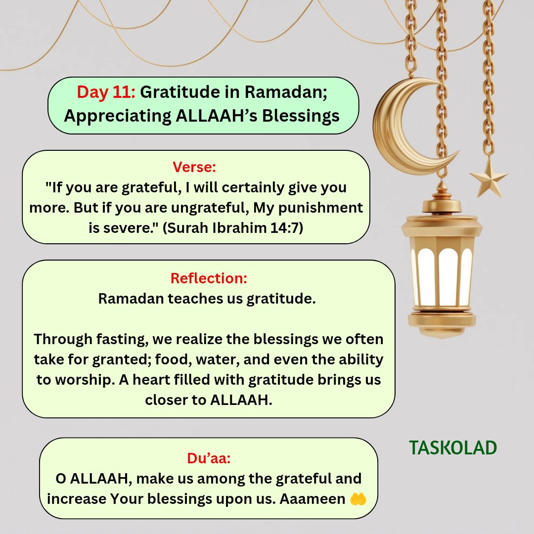 taskoladftwears's tweet image. O ALLAAH, make us among the grateful and increase Your blessings upon us. Aaameen 🤲🥰
.
#TaskoCares #SpiritualGrowth #Fasting #Taqwa #Ramadan2025 #RamadanKareem #RamadanMubarak