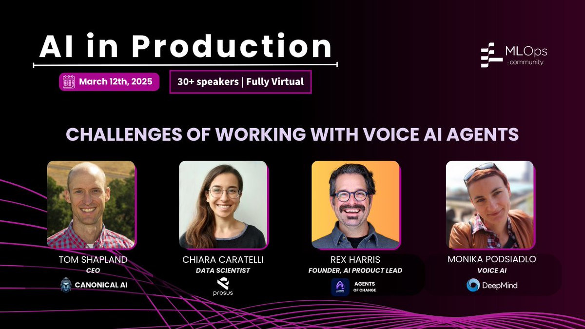 tom_shapland's tweet photo. So excited to be hosting a @mlopscommunity panel on the challenges of building production Voice AI agents on Wednesday (March 12)! We have a great panel with @teereximus @CaratelliChiara @oldaisdop! 

https://t.co/VwDvhMlgSM https://t.co/jldUJokdgC