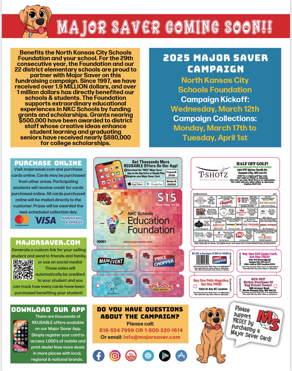DavidsonComets's tweet photo. Support Davidson &amp; the NKC Schools Education Foundation when you purchase a $15 Major Saver Card March 12- April 1! It features 22 discounts. Buy your card from a student or at https://t.co/WytZZSzwe7. Saver envelopes will be delivered to each school and students on March 12th. https://t.co/wVRFcDzo7k