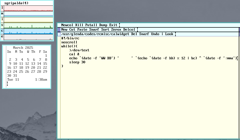 ShannAurelle's tweet image. I modified the calwidget script made by nikita which shows a calendar (without the weather info since I don't need it). TIL there's a cal command in #9front😂