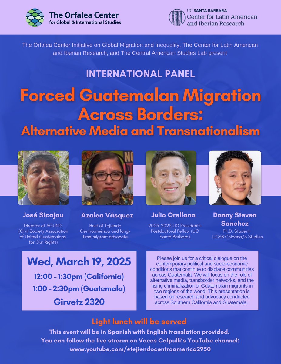 Next week <a href="/UCSB/">UCSB</a>! 
Wednesday, March 19th 
Will be lived streamed <a href="/UC_PPFP/">PPFP Info</a> @OrfaleaCenter <a href="/laisucsb/">Latin American and Iberian Studies Program, UCSB</a> #CentAmStudies