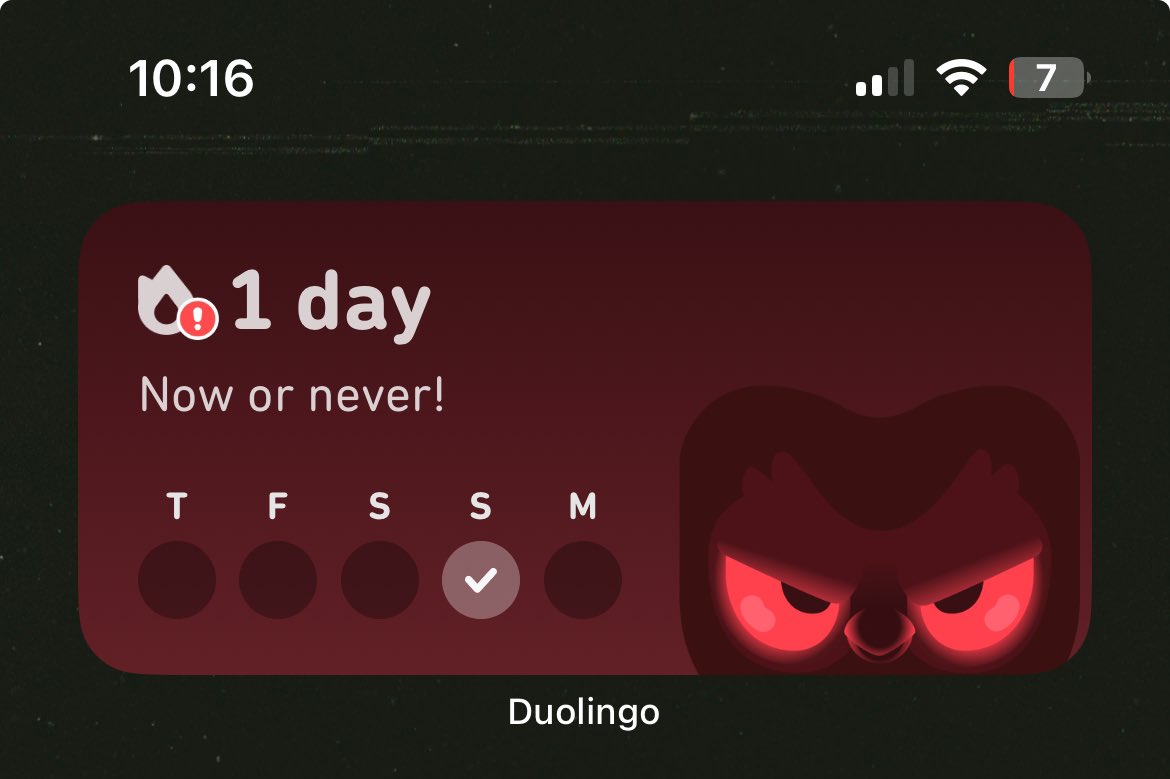 Safe to say I will NOT be breaking my Scottish Gaelic streak I’ve begun because, <a href="/duolingo/">Duolingo</a>, this is terrifying 😂 If nothing else will make me continue my streak it’s this terrifying change in my widget. 😂