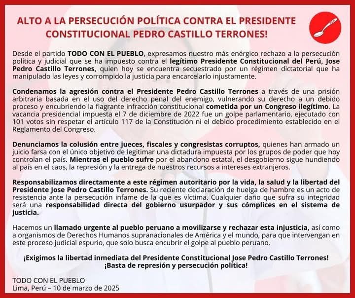 Partido Político Todo con el Pueblo (@tcp_peru) on Twitter photo ¡Exigimos la liberación del Presidente <a href="/PedroCastilloTe/">Pedro Castillo Terrones</a> !
Expresamos nuestro respaldo a su valiente decisión en defensa de la democracia, los derechos del pueblo peruano y la justicia social.
#CastilloLibertad #TodoConElPueblo ¡Exigimos la liberación del Presidente <a href="/PedroCastilloTe/">Pedro Castillo Terrones</a> !
Expresamos nuestro respaldo a su valiente decisión en defensa de la democracia, los derechos del pueblo peruano y la justicia social.
#CastilloLibertad #TodoConElPueblo