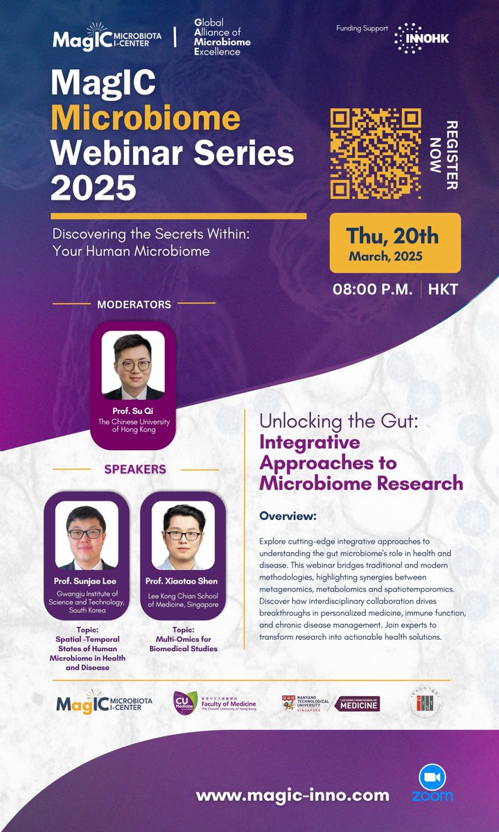 magic_limited's tweet image. Dive into the microbiome world at MagIC Microbiome Webinar 2025 Series 1 on March 20th, 20:00 (HKT). Featuring Prof. Sunjae Lee on Human Microbiome and Prof. Xiaotao Shen on Biomedical Studies. Moderator: Prof. Qi Su. Register for cutting-edge insights: lnkd.in/gjgi-s7D.