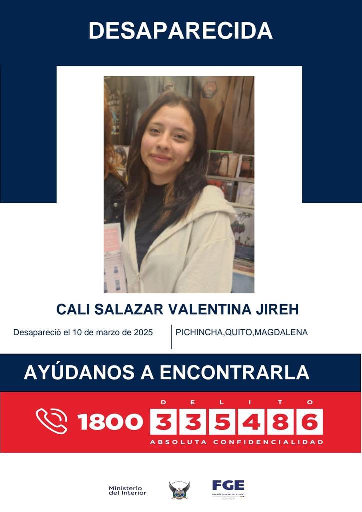 🛑#Atención | Valentina Jireh Cali Salazar está reportada como desaparecida. Fue visa por última vez en el sector de la Magdalena, sur de #Quito. Si tienes información sobre su paradero comunícate al 1 800 (335486).