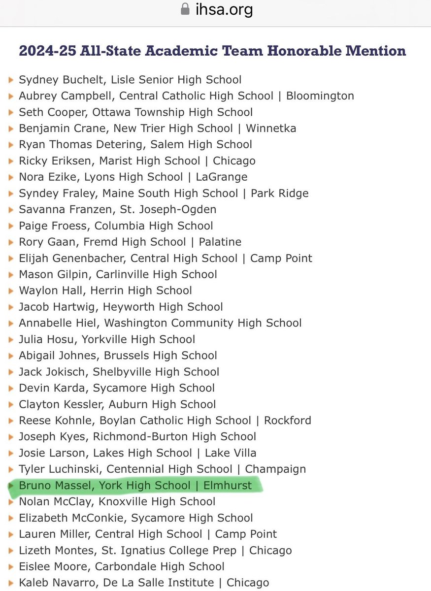 Bruno Massel IV (@masselbruno) on Twitter photo Proud to be named 2025 IHSA All-State Academic Team - Honorable Mention.
It’s an honor to be recognized by a state wide committee of Principals & Athletic directors based off of both Athletic & Academic achievement as well as community involvement. <a href="/YorkDukesFB/">York Dukes Football</a> <a href="/XctfYork/">York Boys Cross Country and Track & Field</a> Proud to be named 2025 IHSA All-State Academic Team - Honorable Mention.
It’s an honor to be recognized by a state wide committee of Principals & Athletic directors based off of both Athletic & Academic achievement as well as community involvement. <a href="/YorkDukesFB/">York Dukes Football</a> <a href="/XctfYork/">York Boys Cross Country and Track & Field</a>