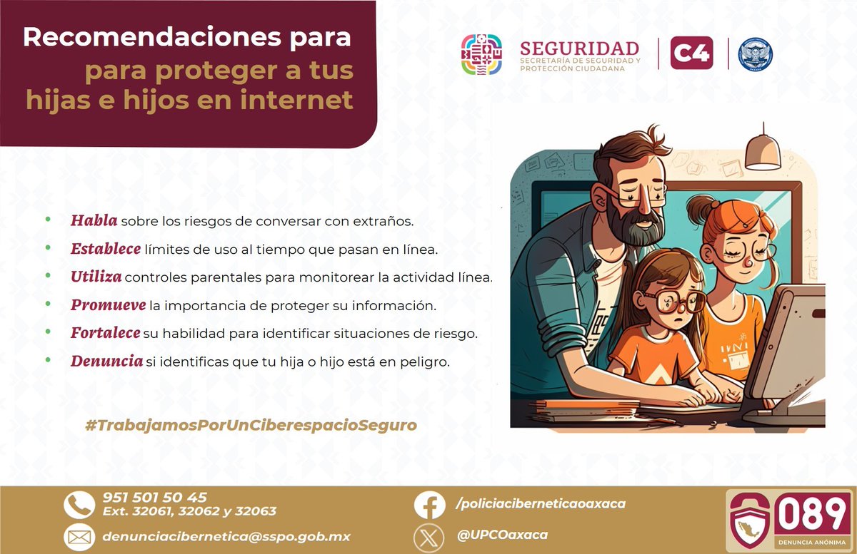 Para proteger a tus hijas e hijos mientras navegan en internet, es esencial contar con medidas de seguridad en línea. 

La <a href="/SSPC_GobOax/">SSPC Oaxaca</a> a través de la <a href="/UPCOaxaca/">ciberguardianes</a>, te proporciona recomendaciones útiles para evitar riesgos innecesarios. #Oaxaca

<a href="/IvanGarcia_A/">Iván García Álvarez</a> <a href="/C4_Oaxaca/">C4 Oaxaca</a>