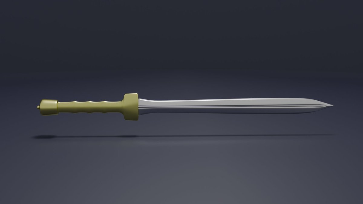 「古代ヨーロッパの刀剣」2  
ギリシャ式グラディウス。  

モデリングに早く慣れないとマテリアルの作り込みまで時間が回せないですね～　こんなシンプルなモデリングでも悪戦苦闘中。 
とにかく数こなして早く慣れよう。

#Blender #3Dモデリング