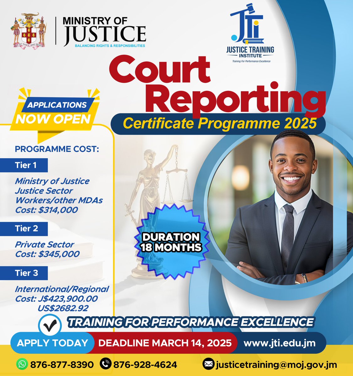APPLICATIONS NOW OPEN! 

This is your opportunity to enroll in the Justice Training Institute and become a certified Court Reporter.

For more information on how to apply call (876) 928-4624 or visit the website at jti.edu.jm

Deadline- Friday March 14, 2025