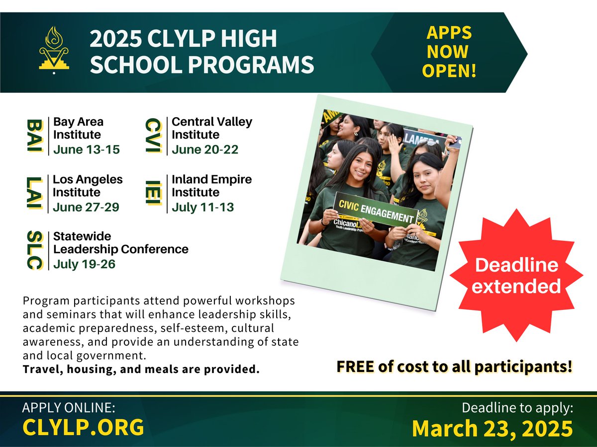 CLYLP's tweet image. Deadline Extended to March 23!

Please help us spread the word to any CA high school sophomore or junior about this opportunity! More information can be found at clylp.org/hsprograms

Questions - email applications@clylp.org