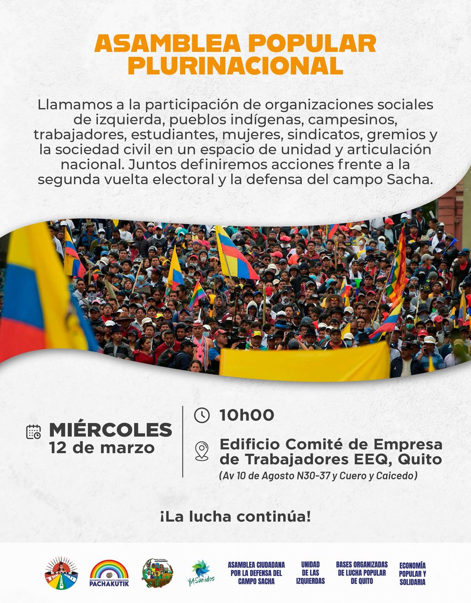 #ATENCION
Convocatoria a la Asamblea Popular Plurinacional
Llamamos a la participación de organizaciones sociales de izquierda, pueblos indígenas, campesinos, trabajadores, estudiantes, mujeres, sindicatos, gremios y la sociedad civil en un espacio de unidad y articulación