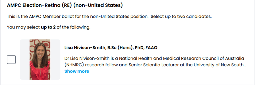 Voting is Live!

If you are an ARVO Retina Section member, please consider me for the Annual Meeting Program Committee (AMPC). 

Hoping to be the first Australian to get into the RE section of this committee 🇦🇺🦘     

<a href="/ARVOinfo/">ARVO</a>