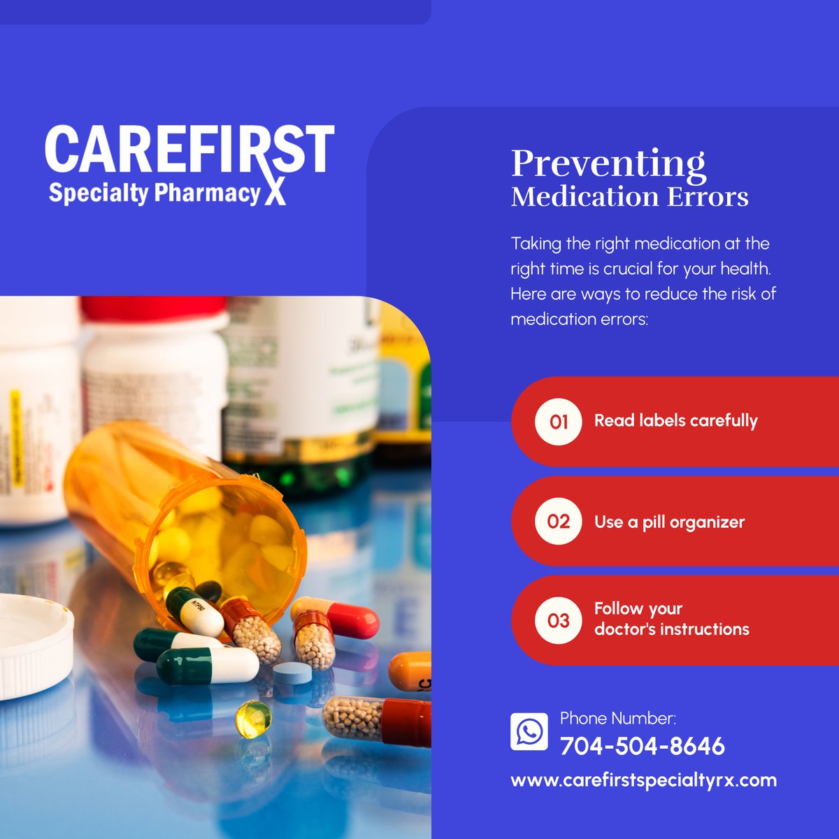 CareFirstRx's tweet photo. Medication errors can be dangerous, but simple steps can help you stay safe. Always double-check your prescriptions and follow professional advice. 

#CharlotteNC #RetailPharmacy #SafeMedication #HealthTips #CheckYourPrescriptions https://t.co/RGGBuLqPRR