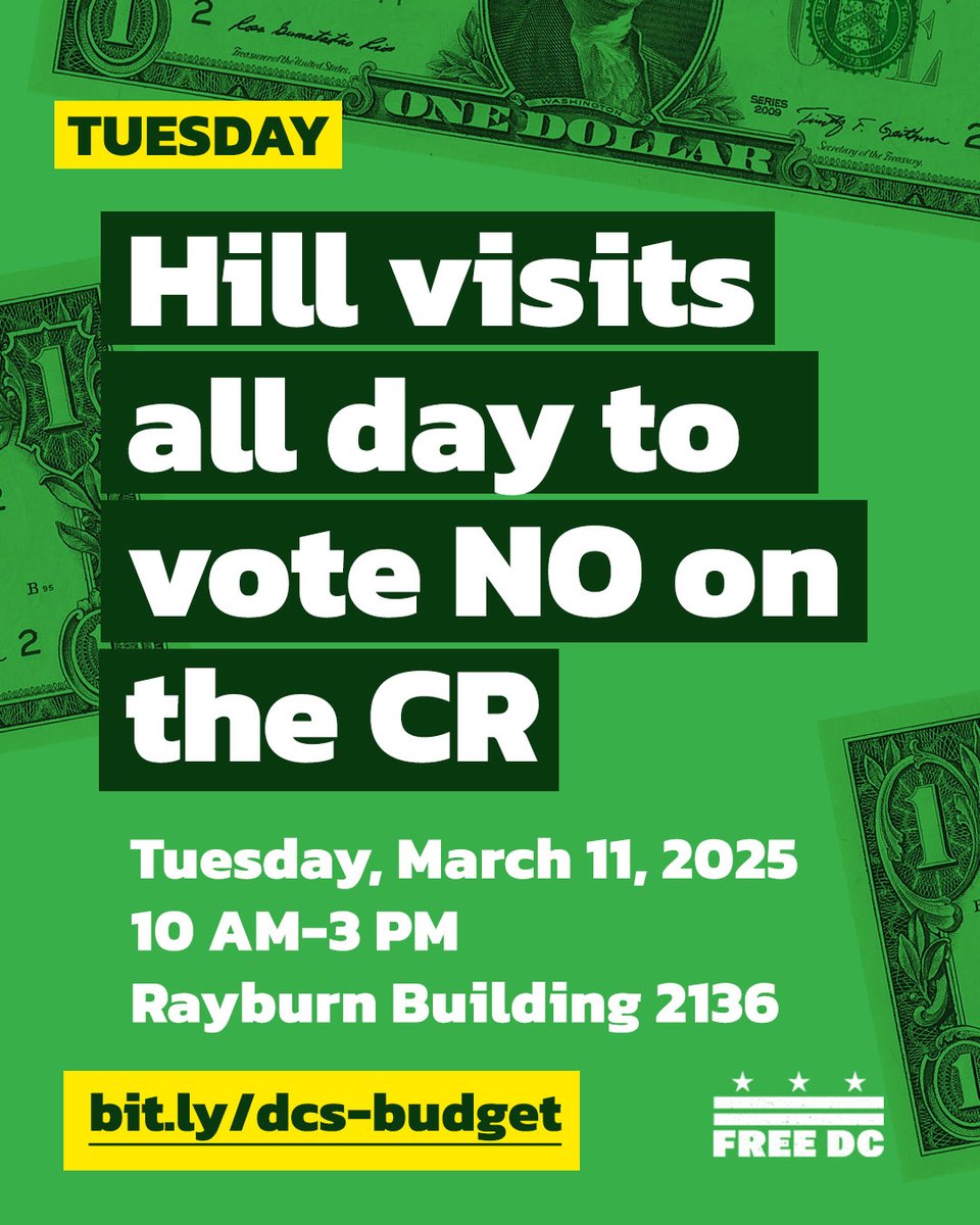 On Tuesday we're making Hill visits all day to the members of Congress on the fence about whether DC should control our own budget. 

Find us at Rayburn 2136 starting at 10 AM to get a packet and an office assignment. Bring a friend. bit.ly/dcs-budget