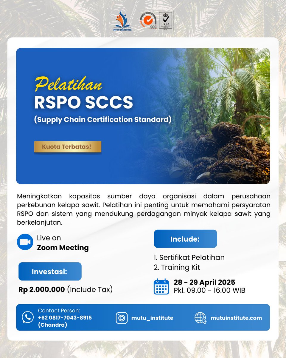 🌿✨ Siap untuk meningkatkan pengetahuan dan keterampilan dalam pengelolaan rantai pasok yang berkelanjutan? Bergabunglah dengan kami di Mutu Institute untuk pelatihan RSPO dan ISPO Supply Chain! 💚

Selengkapnya di: instagram.com/p/DG46leGxMzP/…