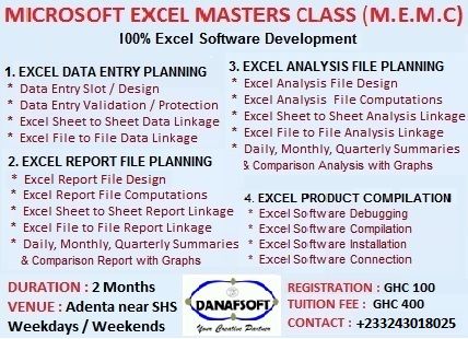 Learn and know Microsoft Excel to the highest level and be making some (Extra) income from it. Thereby, knowing the secret of using Excel to develop Software without writing any code. This is a new discovery : Contact : +233243018025 / +233205932625 / danafgood@gmail.com