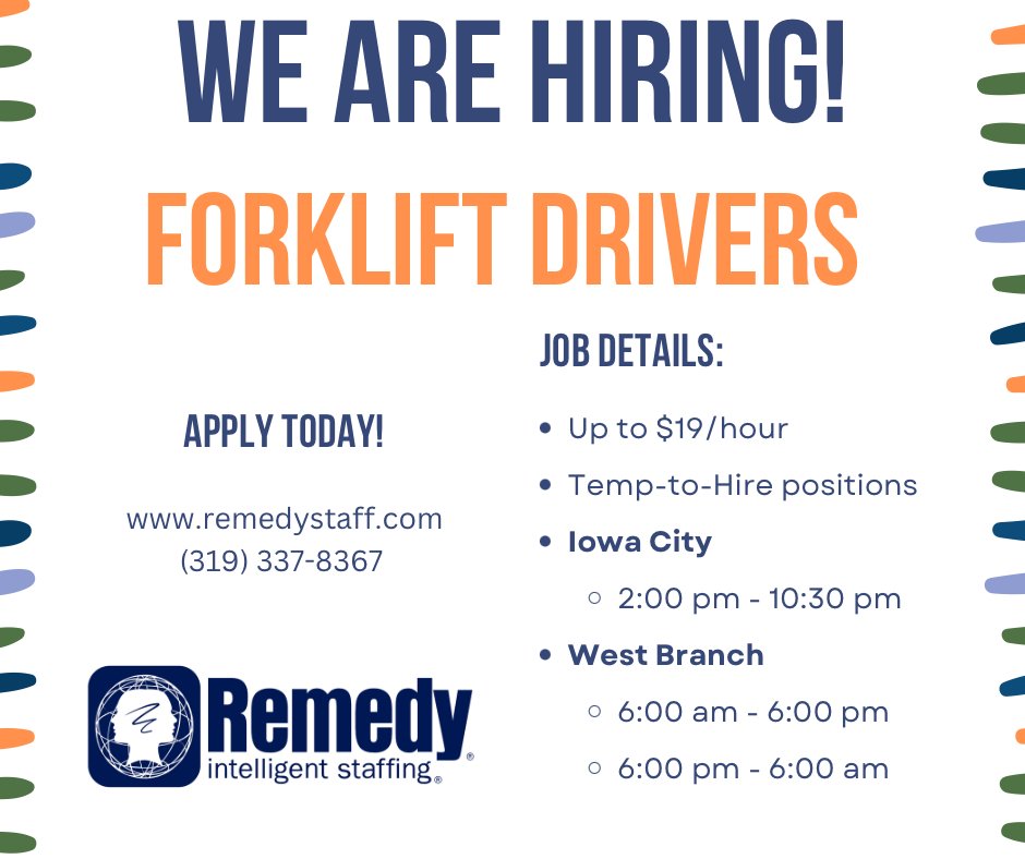 RemedyIowaCity's tweet photo. Looking for Forklift drivers in Iowa City and West Branch! Up to $19/hr. Temp-to-Hire opportunity. Apply online today! 🚜💼 #RemedyStaffing #IowaCityJobs #ForkliftJobs https://t.co/KfgYUv0AMO