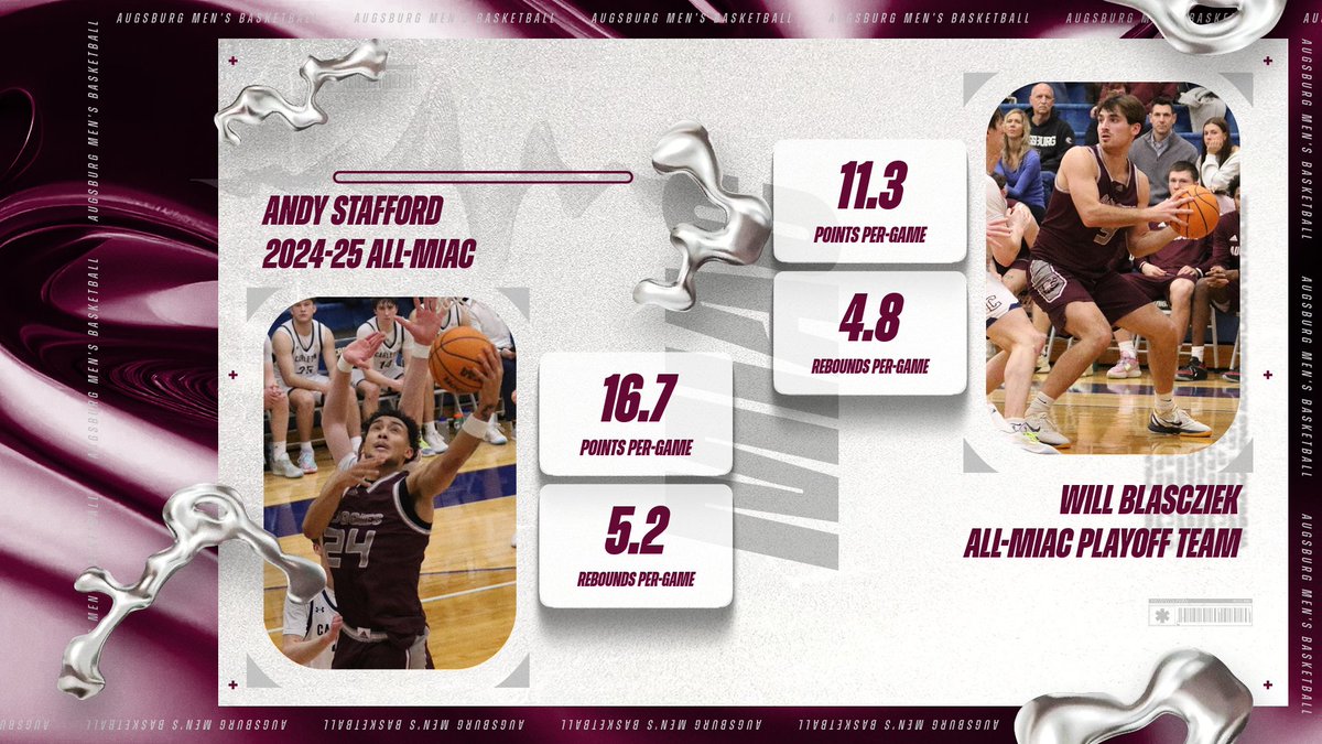 Congratulations to Augsburg men's basketball players Andy Stafford (All-MIAC) and Will Blascziek (All-MIAC Playoff Team) on their 2024-25 conference honors!

Story: athletics.augsburg.edu/news/2025/3/10…
#d3hoops #AuggiePride