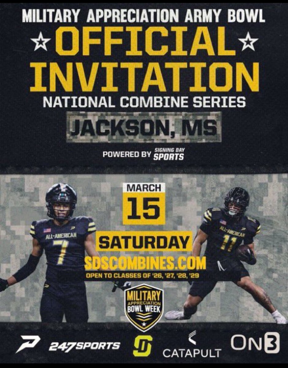 Charlie Morton (@charliemorton__) on Twitter photo Blessed to receive an invite from <a href="/JJKilgore_SDS/">JJ Kilgore</a> for the Military Appreciation Army Bowl Combine.looking forward to showing what I’ve got🙏
<a href="/CoachJones_75/">Jermaine Jones Jr</a> <a href="/Coach_Samp/">Leandrius L. Sampson Jr</a> <a href="/KjMoore53/">K’veonMoore53</a> <a href="/Marlin_Jones54/">MarlinJones</a> Blessed to receive an invite from <a href="/JJKilgore_SDS/">JJ Kilgore</a> for the Military Appreciation Army Bowl Combine.looking forward to showing what I’ve got🙏
<a href="/CoachJones_75/">Jermaine Jones Jr</a> <a href="/Coach_Samp/">Leandrius L. Sampson Jr</a> <a href="/KjMoore53/">K’veonMoore53</a> <a href="/Marlin_Jones54/">MarlinJones</a>