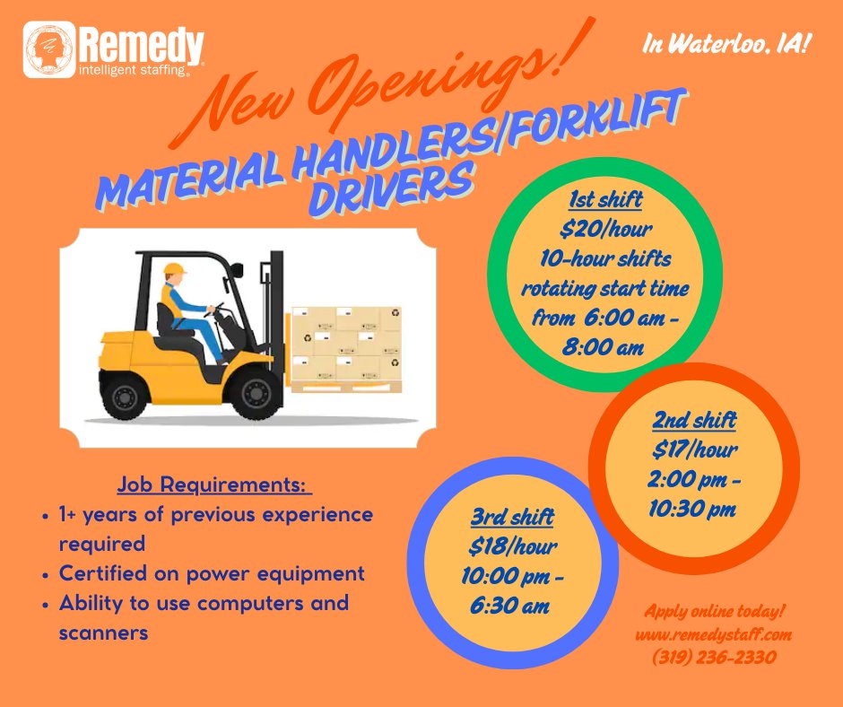 RemedyWaterloo's tweet photo. 🚨 Now Hiring! Remedy is looking for forklift drivers in Waterloo. 1st, 2nd, &amp; 3rd shifts open! Earn $17-20/hour. Experience &amp; test mandatory. Apply on our website today! 📲 Or give us a call for more information!
#RemedyStaffing #WaterlooJobs #WaterlooIowa #ForkliftJobs https://t.co/rLQYbzmHgO