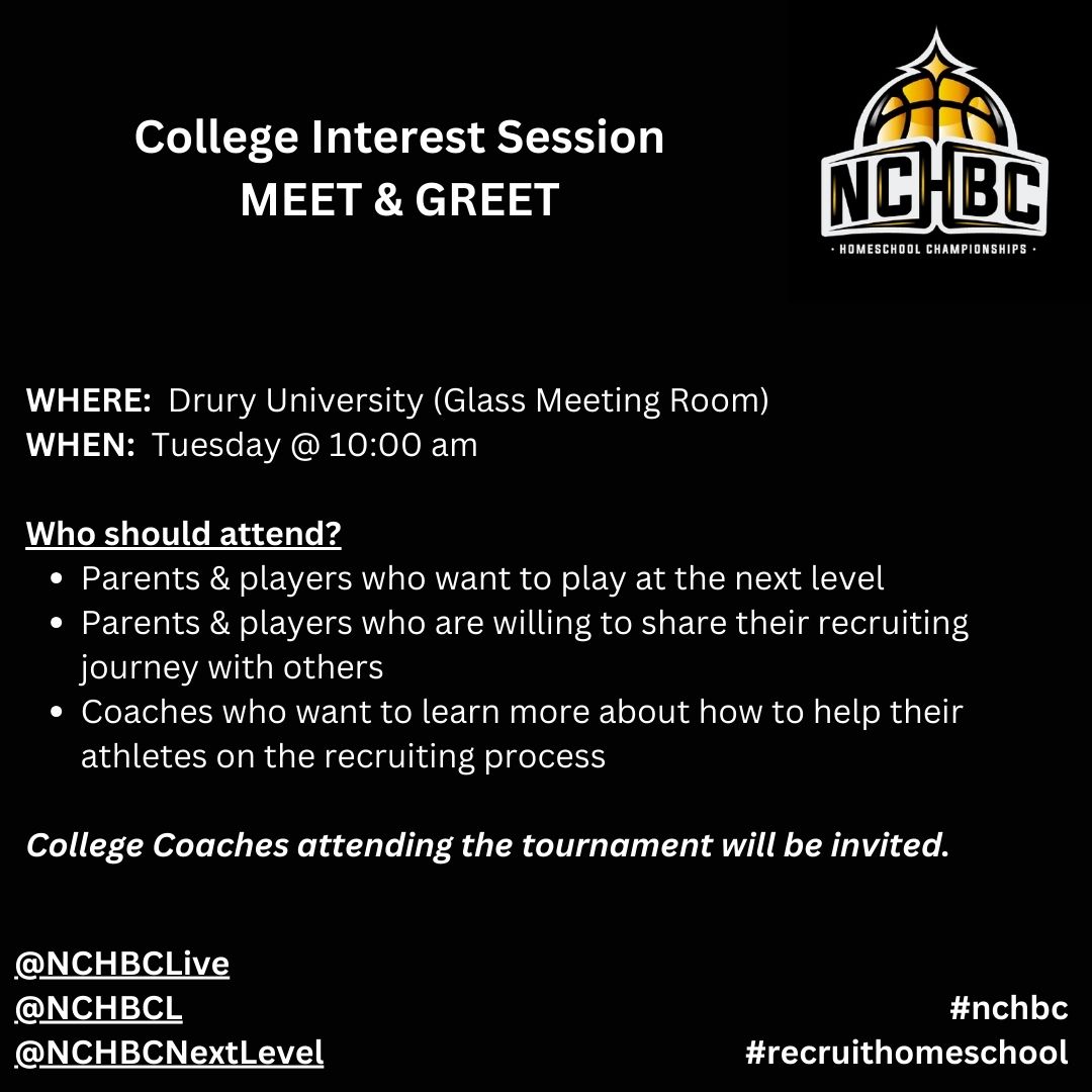This is shaping up to be a great session!

RSVP soon!

forms.gle/oqKmuJyiy3BNTH…

#nchbc #recruithomeschool
<a href="/NCHBCLive/">HomeSchoolBasketball</a> <a href="/NchbcL/">NCHBC Livestream</a> 

<a href="/AHA_panthers/">Aggieland Panthers</a>
<a href="/AnderSonsBball/">Anderson_Sons_Bball</a>
<a href="/AthleticsSpirit/">OC Warriors Athletics</a>
<a href="/BasketballGlhc/">GLHC Basketball Conference</a>
<a href="/Bentonbucks2023/">Benton Bucks</a>
<a href="/chapchariots/">CHAP Chariots</a>
@Chefarrows
<a href="/chsa_basketball/">CHSA BASKETBALL</a>
<a href="/CHSMHouston/">CHSM Crimson Knights</a>
<a href="/CincyBlazerBall/">BlazersBoys</a>