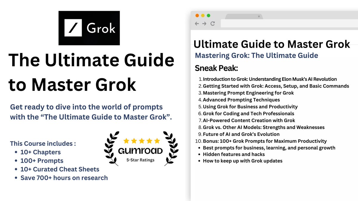 sumitdoriya21's tweet image. Grok 3 is the new Trend🔥

I have curated "Ultimate Guide to Master Grok" for you.

You will get :
• 10+ Chapters
• 100+ Prompts
• Save 700+ hours on research

Just:
Reply "Grok" I'll DM you the guide
Follow @sumitdoriya21