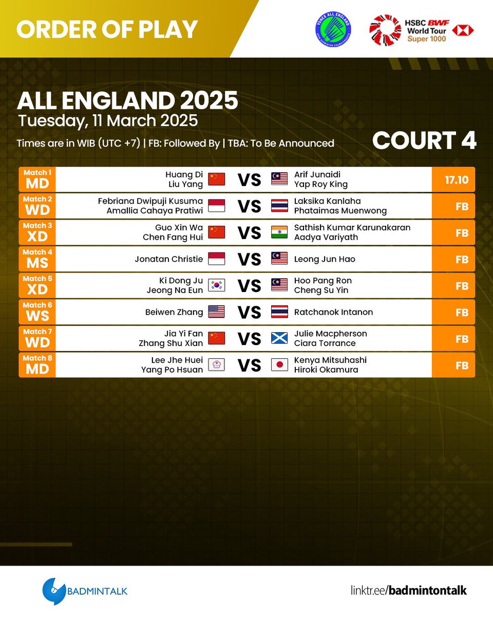 BadmintonTalk's tweet image. Order of Play - #YAE25 - Day 1
Tuesday, 11 March 2025
First match starts at 17.00 WIB
Match mana yang paling kalian nantikan?
#AllEngland2025