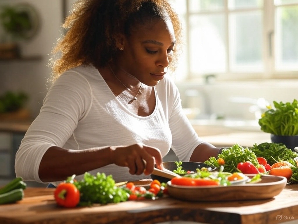 newsumapp's tweet photo. Caught in the act! Serena Williams whips up a fresh garden dish, inspired by Meghan Markle’s ‘With Love, Meghan’ on Netflix. Home cooking just got a royal upgrade! #WithLoveMeghan #InspiredCooking https://t.co/cEqU16NNup
