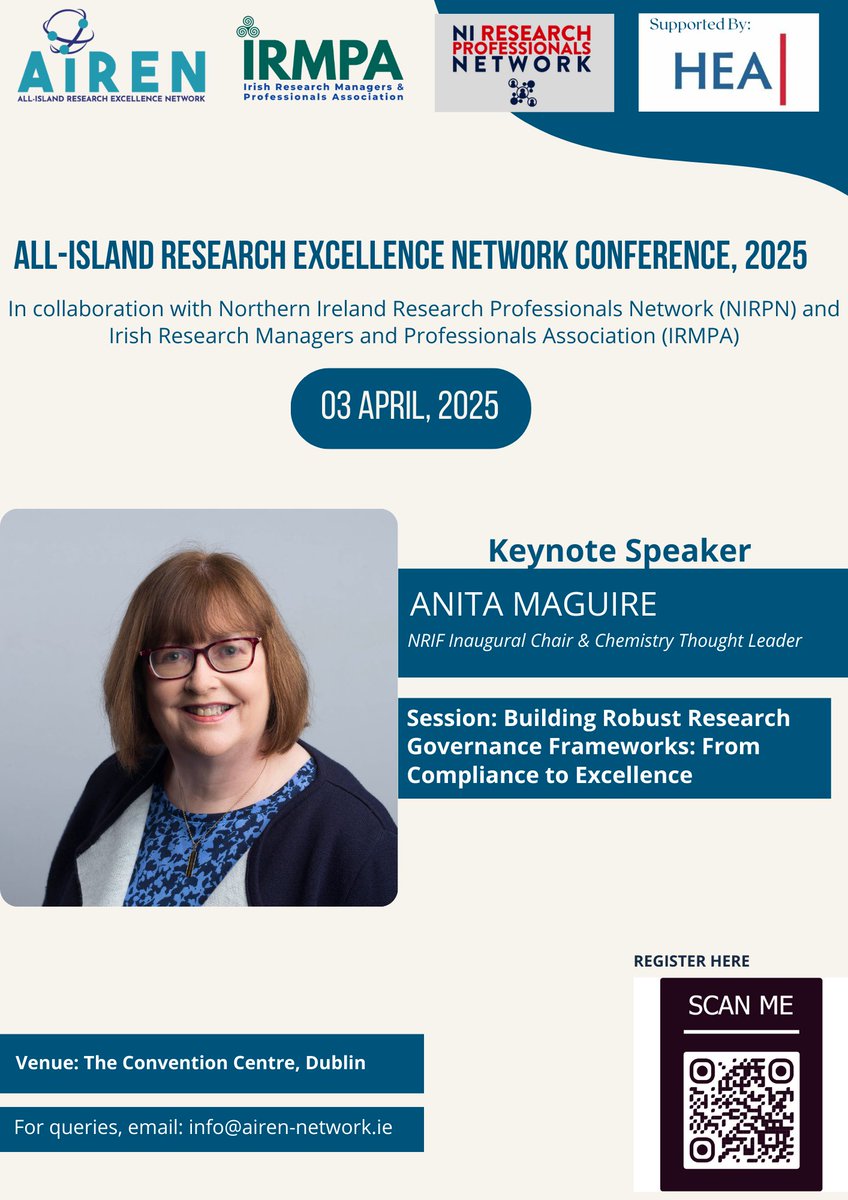 AirenNetwork's tweet image. 🎯 Excited to announce Prof. Anita Maguire as keynote at AIREN Conference 2025.

Join us April 3rd for her insights on Research Governance frameworks.

#AIREN2025 #ResearchIntegrity #ResearchGovernance