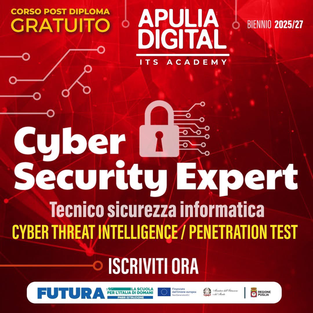 ApuliaDigitalM's tweet image. 🛡🔒🕵️‍♂️𝐃𝐞𝐬𝐢𝐝𝐞𝐫𝐢 𝐝𝐢𝐯𝐞𝐧𝐭𝐚𝐫𝐞 𝐮𝐧 𝐞𝐬𝐩𝐞𝐫𝐭𝐨 𝐝𝐞𝐥𝐥𝐚 #𝐬𝐢𝐜𝐮𝐫𝐞𝐳𝐳𝐚𝐢𝐧𝐟𝐨𝐫𝐦𝐚𝐭𝐢𝐜𝐚?
🎯𝐈𝐬𝐜𝐫𝐢𝐯𝐢𝐭𝐢 𝐨𝐫𝐚 𝐚𝐥 #𝐜𝐨𝐫𝐬𝐨𝐠𝐫𝐚𝐭𝐮𝐢𝐭𝐨 #𝐜𝐲𝐛𝐞𝐫𝐬𝐞𝐜𝐮𝐫𝐢𝐭𝐲𝐞𝐱𝐩𝐞𝐫𝐭
🌐  apuliadigital.it