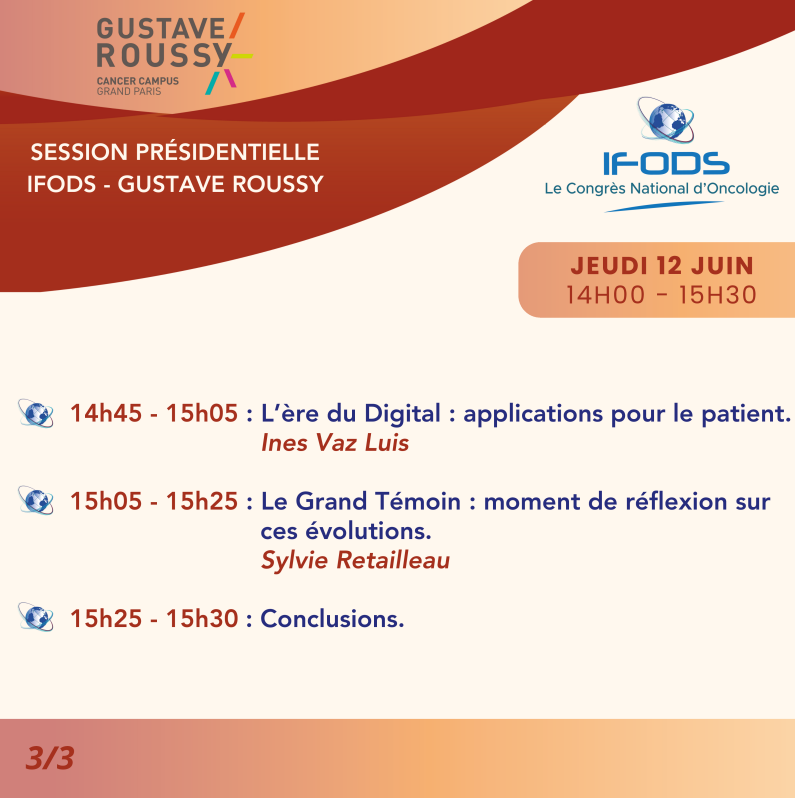 Congrès IFODS 2025 🚀

📅 Le 12/06/2025, lors du Congrès National d’Oncologie - IFODS, nous vous donnons rendez-vous pour une session Présidentielle : IFODS - Gustave Roussy », qui se déroulera sous la présidence de Fabrice Barlesi, Francoise Mornex et Jean-Philippe SPANO. ⤵