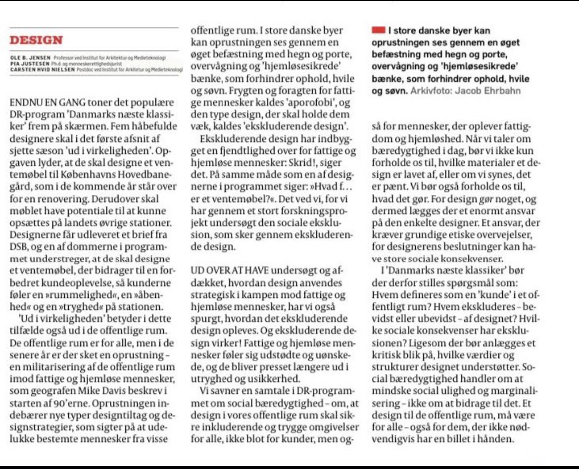 Kritisk replik i Politiken fra os i forskergruppen bag projektet “Elskluderende Design” om den manglende sociale dimension i DR’s tv program “Danmarks Næste Design Klassiker” #aaucreate
