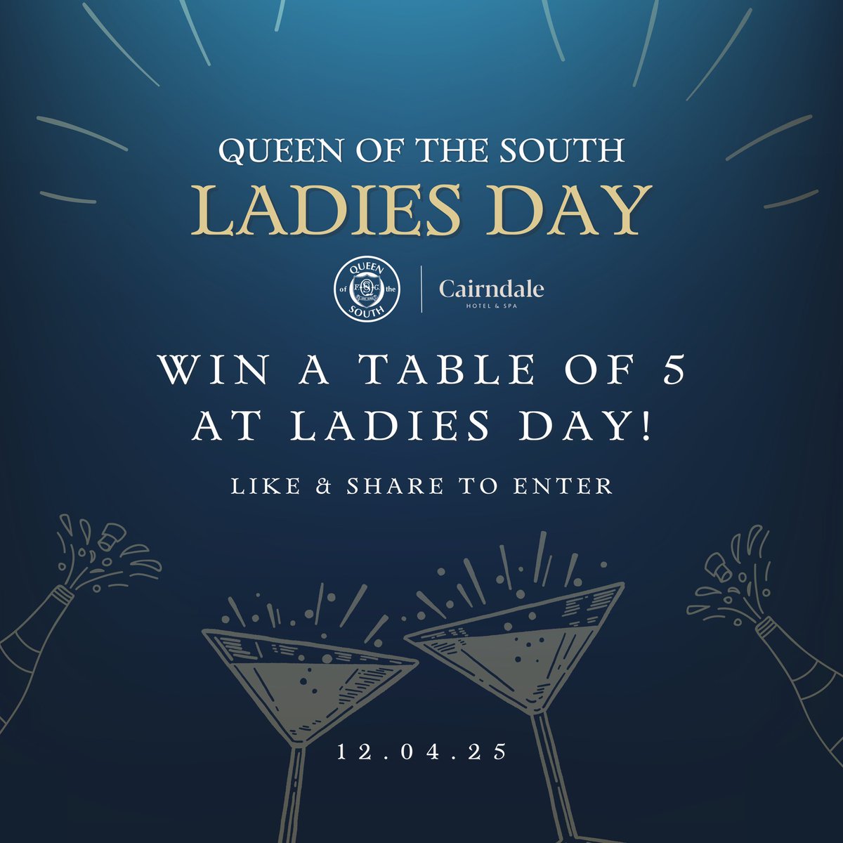 We're giving away a FREE table for 5 at our Queen of the South Ladies Day on Saturday 12th April—and you could be the lucky winner! 🍾🎉

To enter:
👍 Like this post
🔄 Retweet this post

It’s that simple! The winner will be announced this Friday at 5 PM, so get involved! 💃⚽