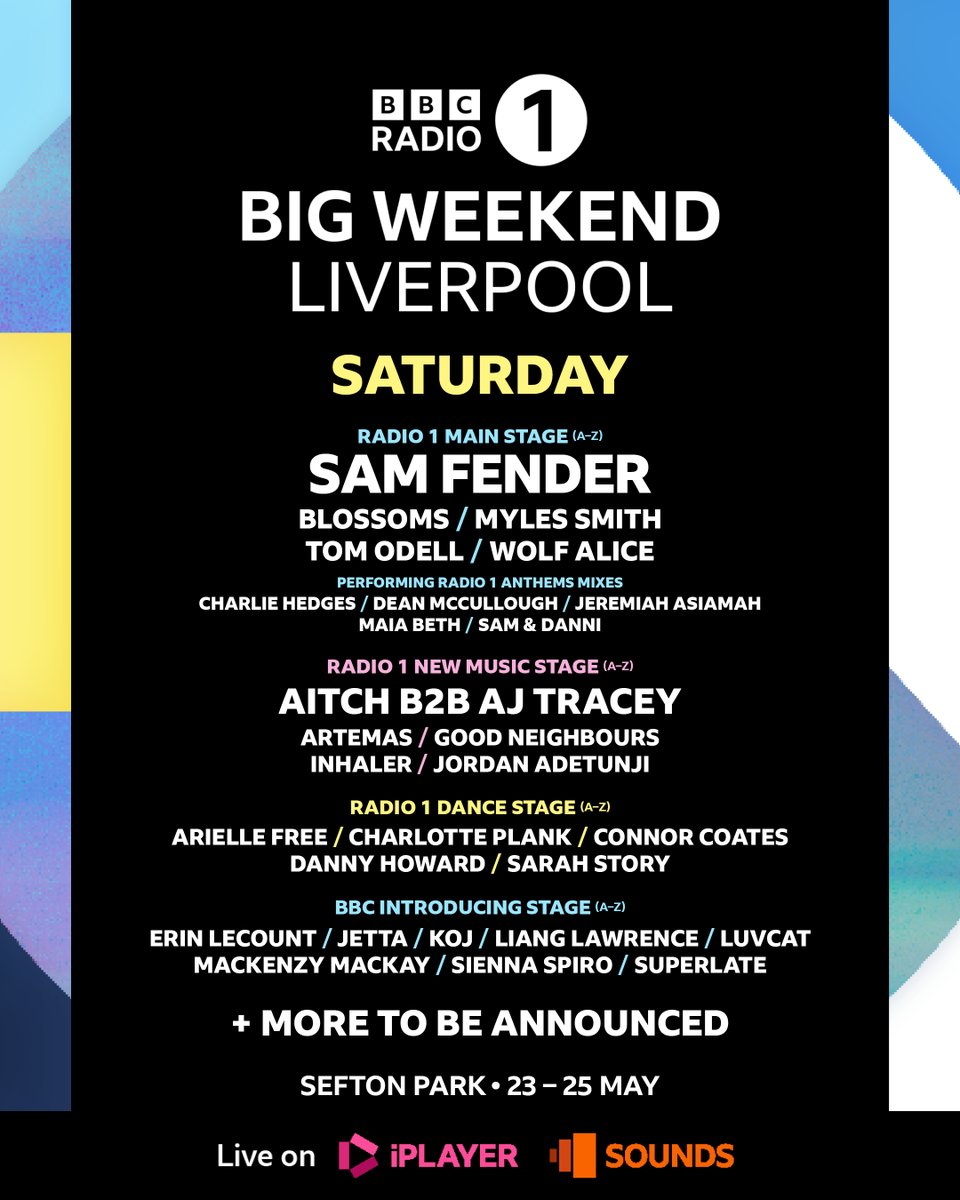 💫 RADIO 1’S BIG WEEKEND SATURDAY NEWS 💫

Performing on the…

Main Stage on Saturday 24 May

⚡️Headliner <a href="/samfendermusic/">Sam Fender</a>
⚡️ <a href="/BlossomsBand/">BLOSSOMS</a>
⚡️ <a href="/MylesSmithUK/">M Y L E S S M I T H</a>
⚡️ Tom Odell
⚡️ <a href="/wolfalicemusic/">Wolf Alice</a>

1/2