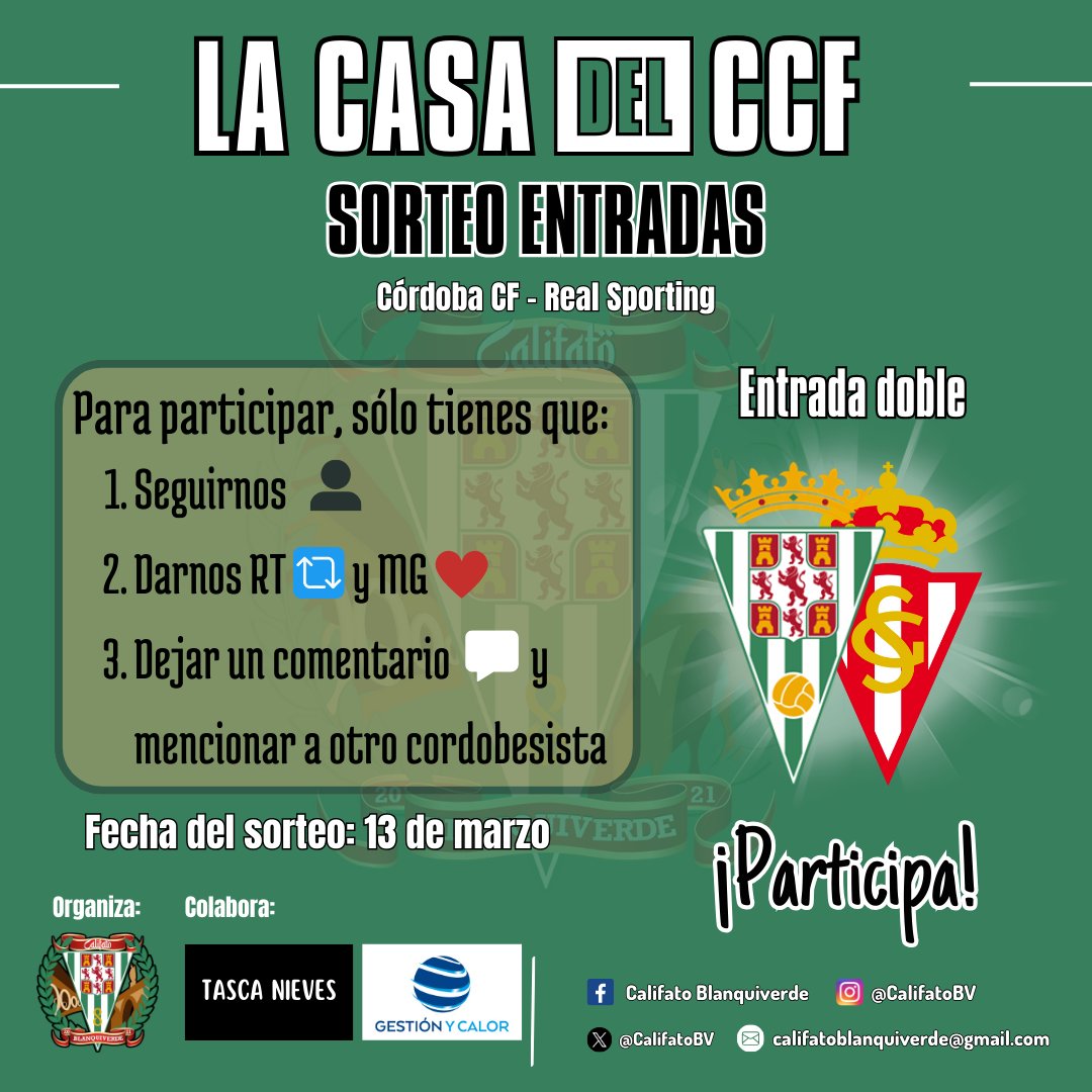 🏡 ¿Quién no quiere ir a El Reino después de lo vivido hace dos semanas?  

Participa en el sorteo de una entrada doble para asistir al #CórdobaRealSporting (S; 21h) con un/a acompañante.

🍀 ¡𝘔𝘜𝘊𝘏𝘈 𝘚𝘜𝘌𝘙𝘛𝘌!

#CalifatoBlanquiverde