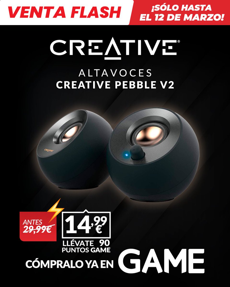 VideojuegosGAME's tweet photo. 🎶 Esta Venta Flash GAME se ha puesto creativamente sonora.

🔊 ¡Escucha como nunca con los altavoces Creative Pebble 2.0 V2! Consíguelos en GAME por 14,99€, ¡solo hasta el 12 de marzo o fin de existencias!

https://t.co/3EsGeLzYHP https://t.co/leBKcAid3f