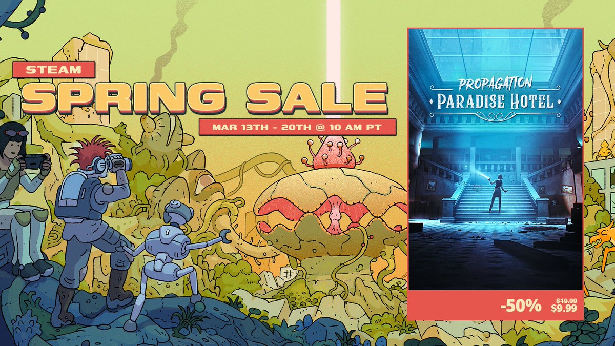 🔦#PropagationParadiseHotel is part of the Spring Sale on #Steam &amp; #Meta!
💀50% Off until March 20 (24 on Meta).
🧟‍♂️Dare to survive the nightmare ?

Get it on Steam: tinyurl.com/mryffx9m
Get it on Meta: tinyurl.com/vex6j7zb

#VRHorror #PropagationVR