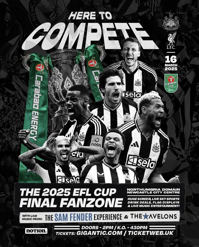 Get down to Northumbria Domain for all the excitement ahead of the <a href="/Carabao_Cup/">Carabao Cup</a> Final on 17th March!  There’s pre-match entertainment in the #FanZone from #TheSamFenderExperience and <a href="/TheAvelons/">The Avelons</a>! C’mon The Toon! 🏁👊🏻

Hosted by Notion Live Events 

<a href="/NUFC/">Newcastle United</a> <a href="/AdamP1242/">Adam Pearson (YT) ⚫️⚪️</a> #CarabaoCup