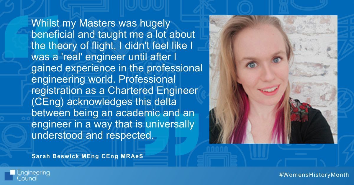 EngCouncil's tweet photo. Professional registration was always a goal for Sarah Beswick MEng CEng MRAeS. With encouragement from the Principal Engineer in her team she decided to go for it. Read more here: https://t.co/CuL2hL7GOE @AeroSociety #CharteredEngineer #CEng #WomensHistoryMonth https://t.co/JrcEnWrPpS