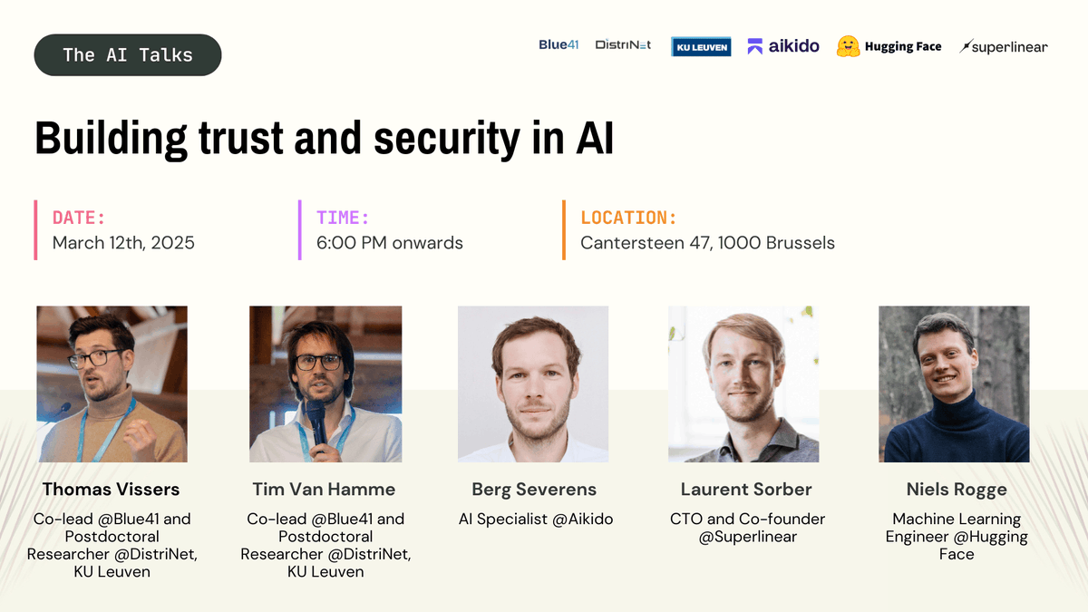 Are AI systems safe? 
How can we build trust &amp; protect sensitive data?

Join our next AI Talks on “Building Trust and Security in #AI”. Expect powerful insights from experts &amp; great networking!

📅 March 12, 2025
⏰ 6:00 PM 
📍 Brussels
🔗 Register here: bit.ly/3FimA4e