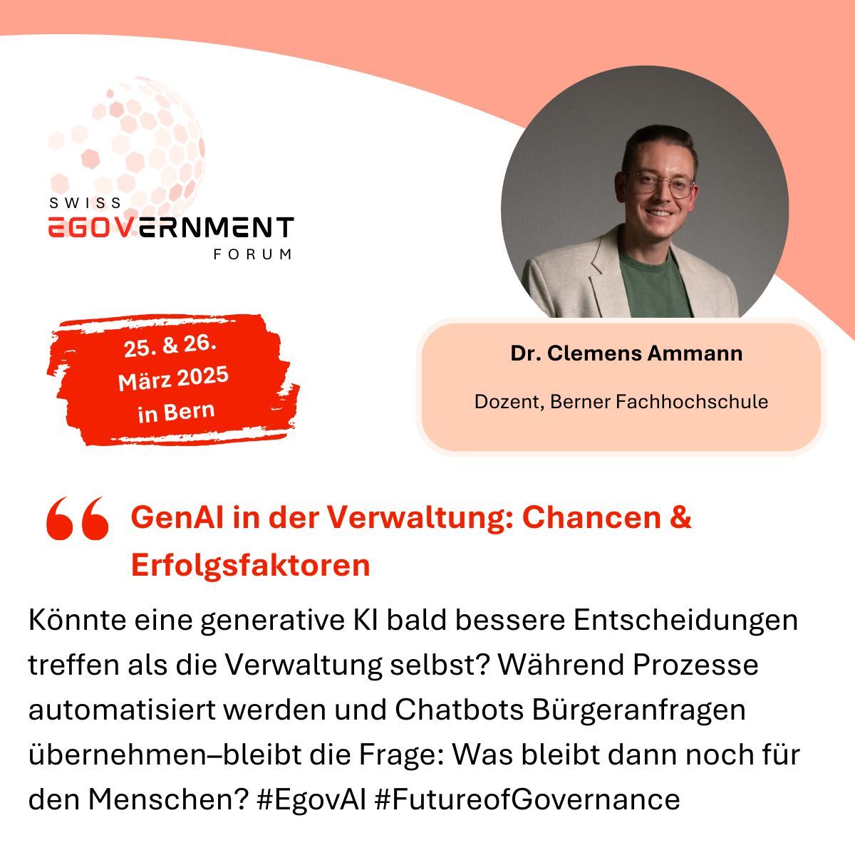 Wir freuen uns, Dr. Clemens Ammann als Keynote Referent am Swiss eGovernment Forum 2025 zu begrüssen. Entdecken Sie das Programm und sichern Sie sich noch heute Ihr Ticket: buff.ly/IBruW3Z

#swissegovernmentforum #egov #Verwaltung #Gemeinde #Behörden #Stadt #Kanton #Bund