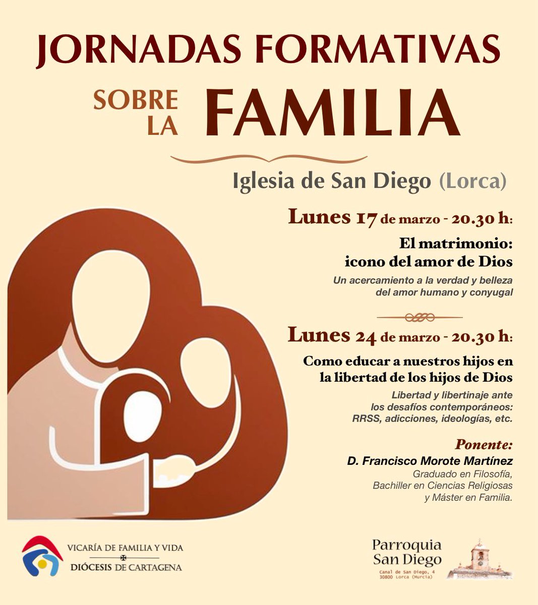 👨🏻‍❤️‍👩🏼 Los próximos 17 y 24 de marzo, la parroquia de San Diego de Lorca acoge las Jornadas Formativas sobre la familia, a cargo de D. Francisco Morote Martínez.

🗓️ ¡Apúntatelo!
👉🏻 Más info: familiayvida.org/jornadas-forma…