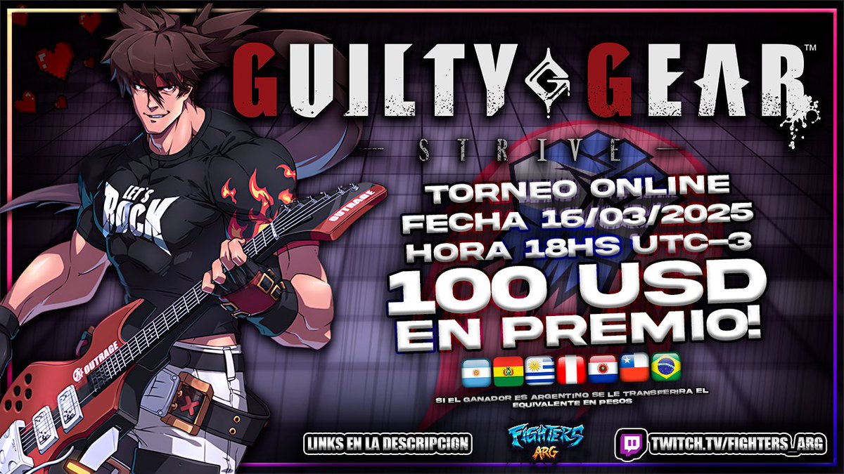 Este domigno 16/3 a las 18hs UTC-3! 🔴

⚙ GUILTY GEAR -STRIVE- ⚙

🏆Torneo Online🏆

Inscribite aquí: challonge.com/es/GGST2025

100 Dólares (o equivalente en ARS si sos de 🇦🇷) de premio repartidos en los tres primeros puestos!🦖
<a href="/GUILTYGEAR_PR/">GUILTY GEAR OFFICIAL</a> <a href="/GearArgentina/">Guilty Gear Argentina 🇦🇷</a> <a href="/SaltaGear/">Guilty Gear Salta</a>