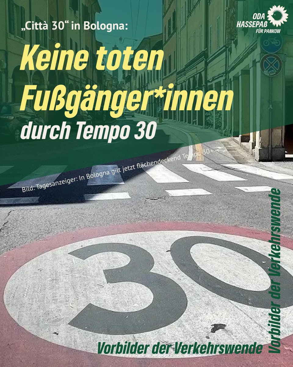 Vorbilder der #Verkehrswende 
Bologna, Italien hat unter dem Motto „Città 30“ flächendeckend #Tempo30 eingeführt. Ein Erfolg:
✅️Im letzten keine toten Fußgängerinnen mehr. ✅️Zahl der Verkehrstoten insgesamt um die Hälfte gesunken. -weniger Autos ✅️Radverkehr 10% erhöht!