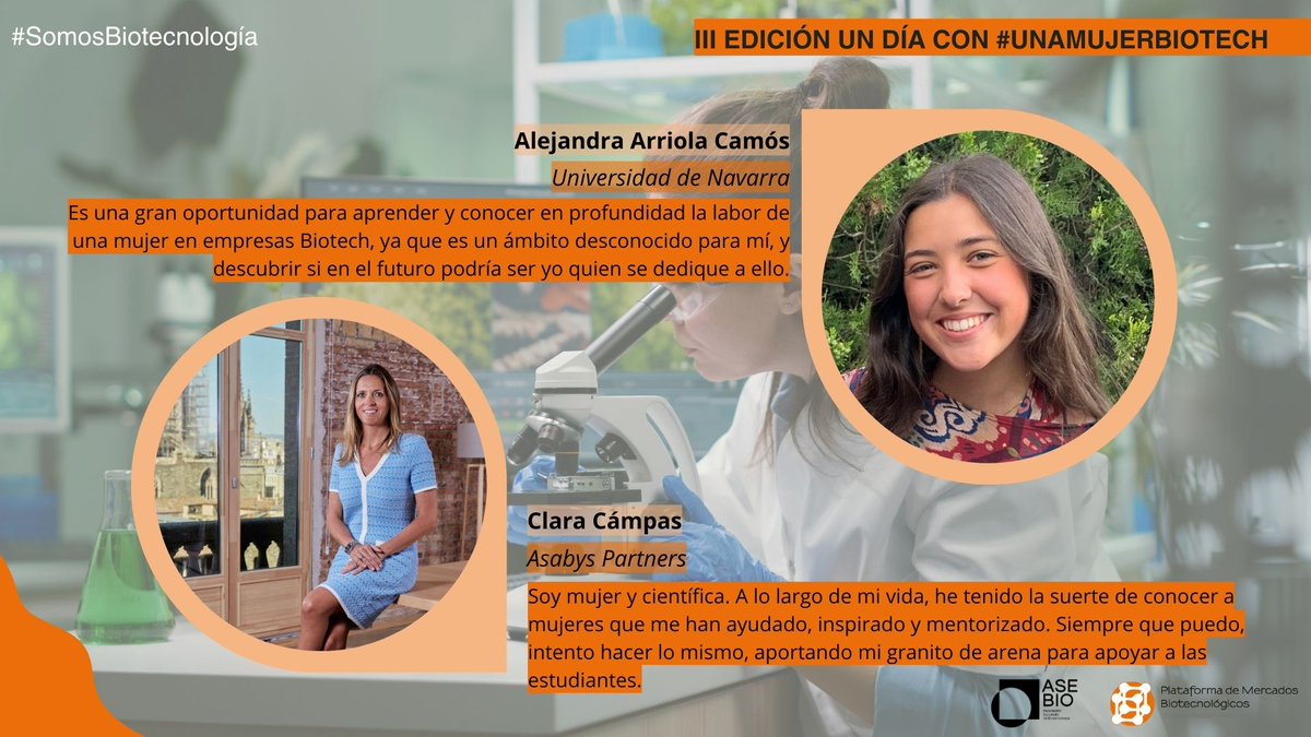 AseBio - Asociación Española de Bioempresas (@asebio) on Twitter photo 👩🔬 ¡Seguimos con las presentaciones de #UnDíaConUnaMujerBiotech!
✨ Alejandra Arriola Camós, estudiante en la <a href="/unav/">Universidad de Navarra</a> tendrá una jornada de mentoría con <a href="/claracampas/">Clara Campàs 🎗</a>, Socia Fundadora de <a href="/AsabysPartners/">ASABYS PARTNERS</a>
#MujeresBiotech ##SomosBiotecnología 👩🔬 ¡Seguimos con las presentaciones de #UnDíaConUnaMujerBiotech!
✨ Alejandra Arriola Camós, estudiante en la <a href="/unav/">Universidad de Navarra</a> tendrá una jornada de mentoría con <a href="/claracampas/">Clara Campàs 🎗</a>, Socia Fundadora de <a href="/AsabysPartners/">ASABYS PARTNERS</a>
#MujeresBiotech ##SomosBiotecnología