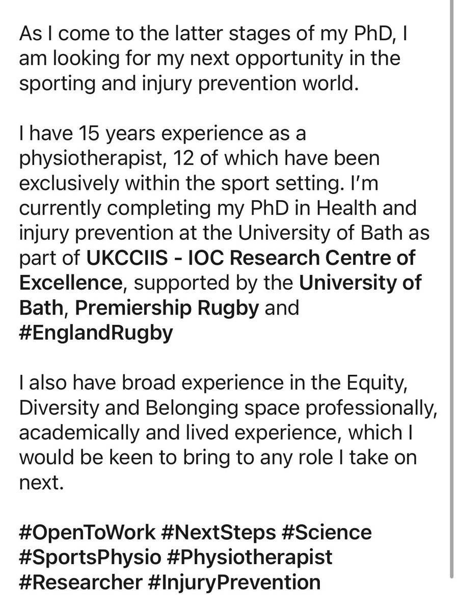 I am in the final writing stages of my PhD and looking for my next opportunity in the sports sphere! 

LinkedIn profile:
bit.ly/41UsbXf

#OpenToWork #Physiotherapist #InjuryPrevention #Researcher #EDI #EDB #Equity #Diversity #Belonging