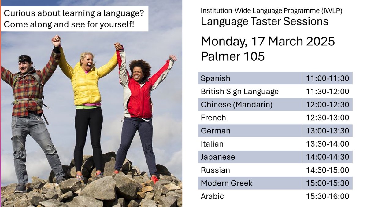Are you interested in learning a language but want to try it out first?Our language taster sessions are open to all students and staff interested in taking a language module. Just come along on Monday 17th March in the Palmer Building Room 105. reading.ac.uk/languages-for-…